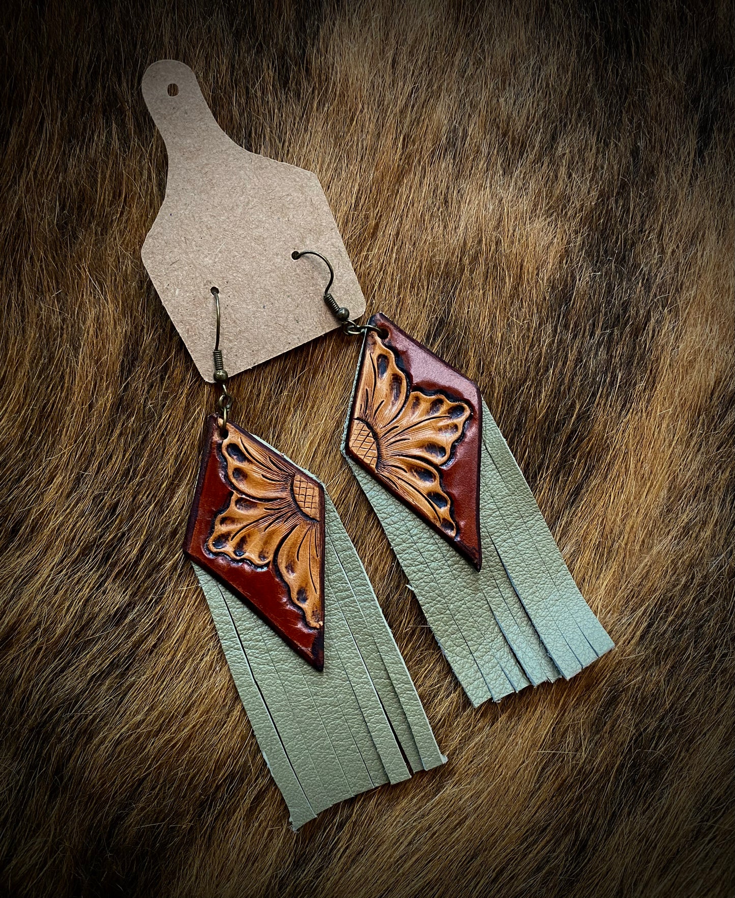 Leather Tooled Earrings with Fringe