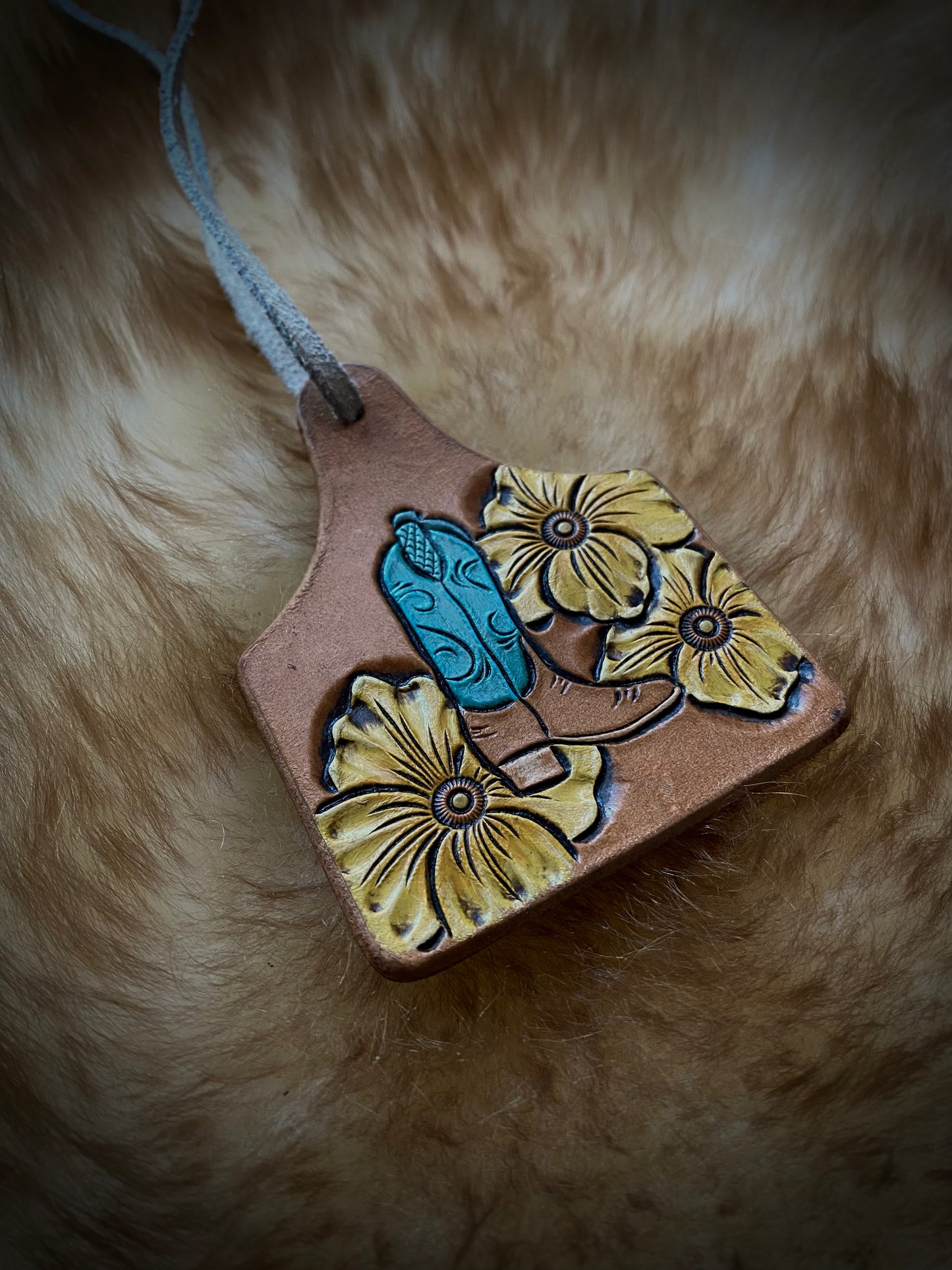 Leather Tooled Cowboy Boot Ear Tag