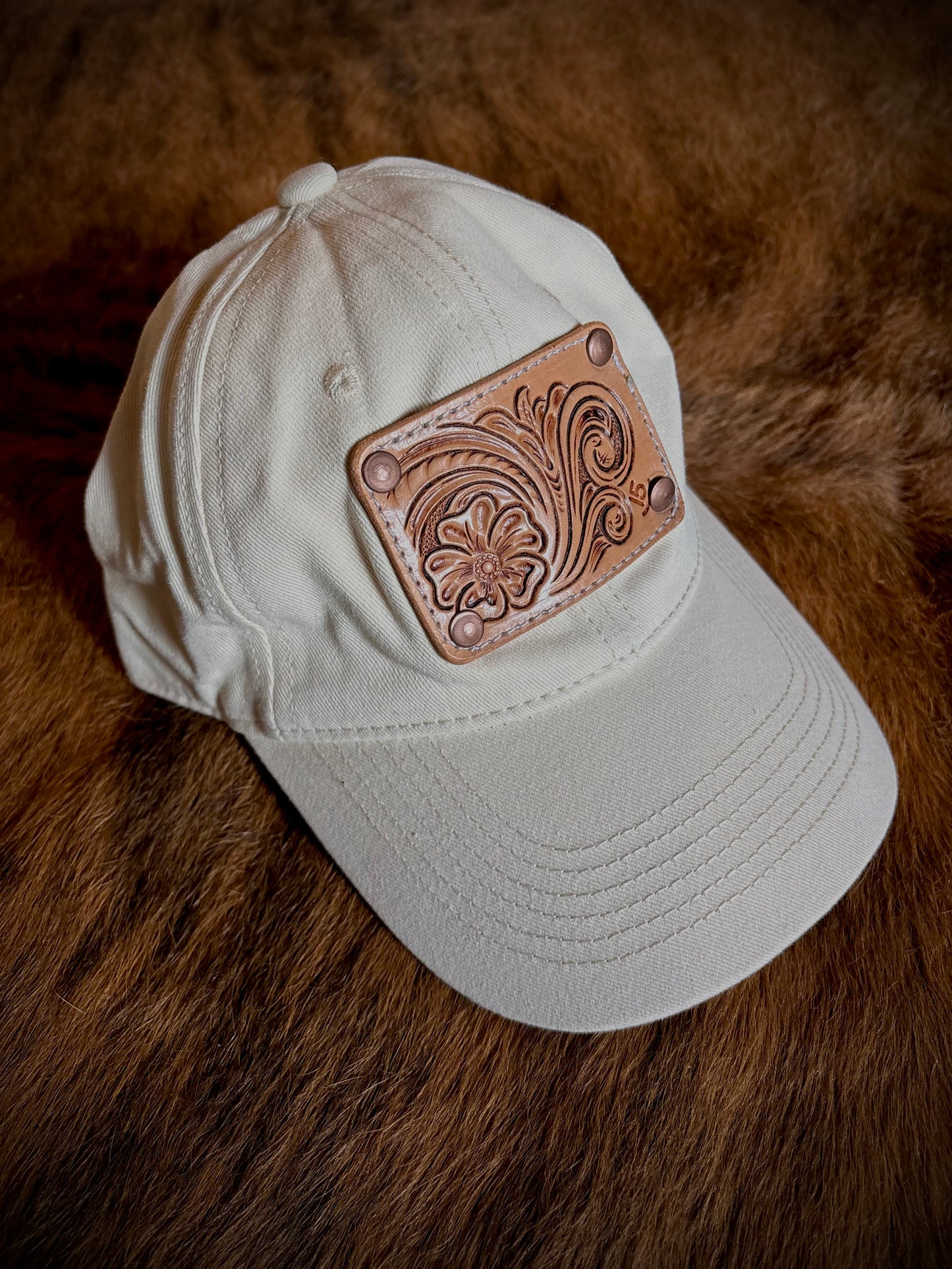 Tan Leather Tooled Baseball Cap