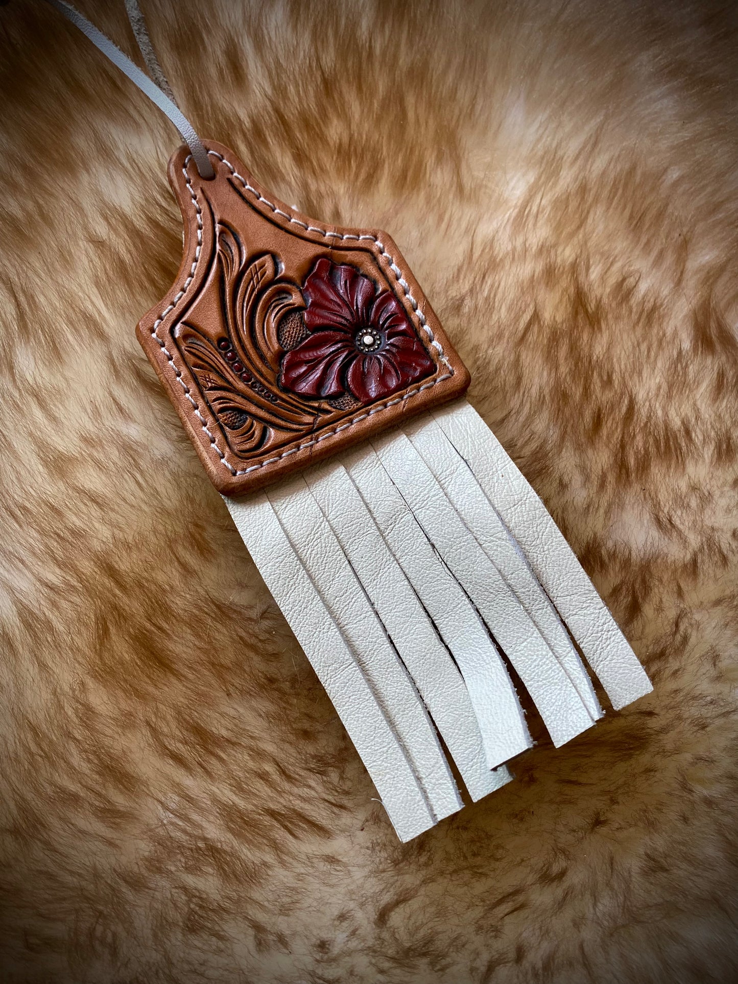 Leather Tooled Ear Tag with Fringe