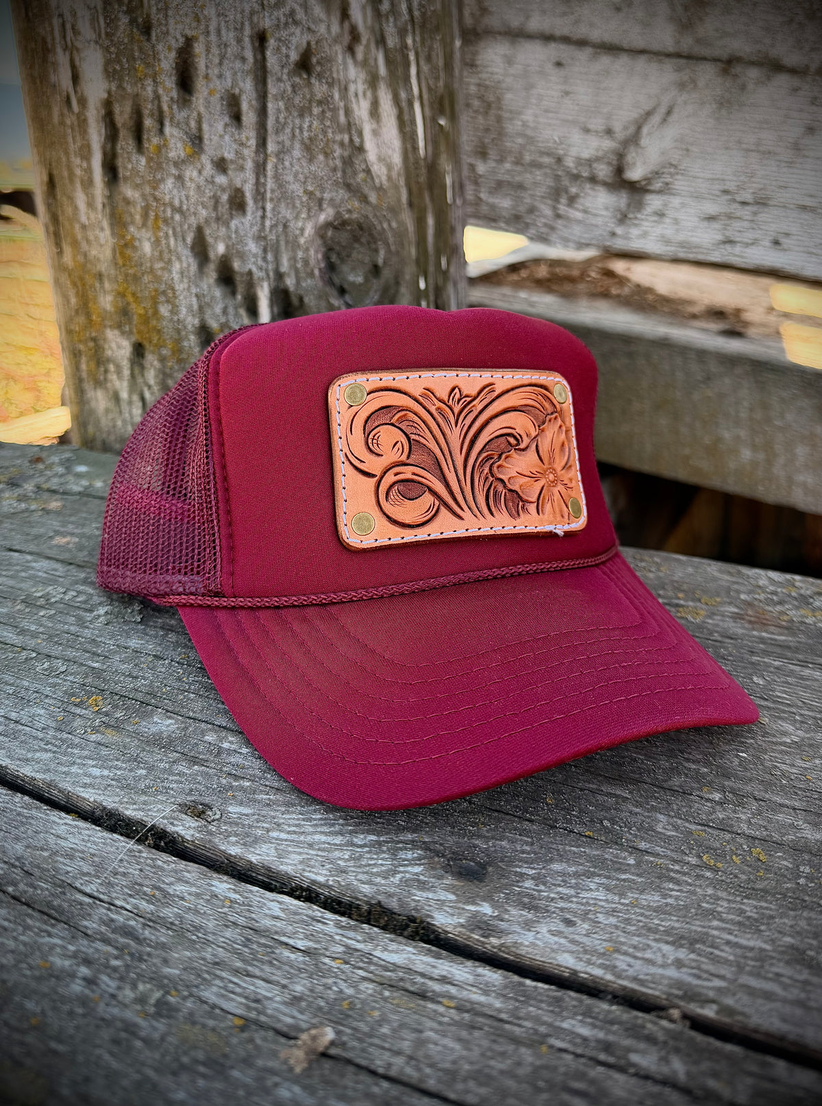 Floral Tooled Maroon Trucker