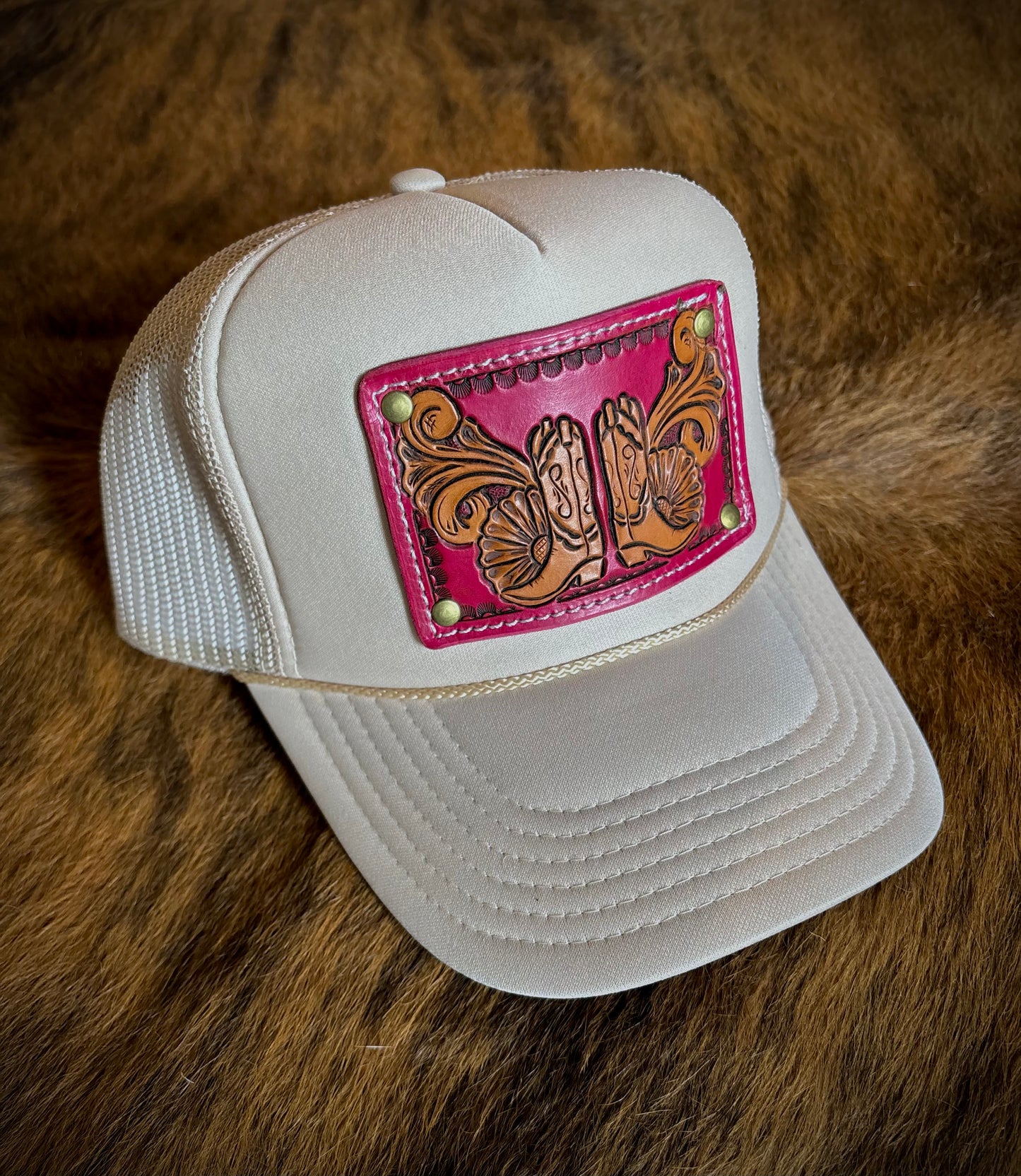 Tan/Pink Leather Tooled Trucker Cap