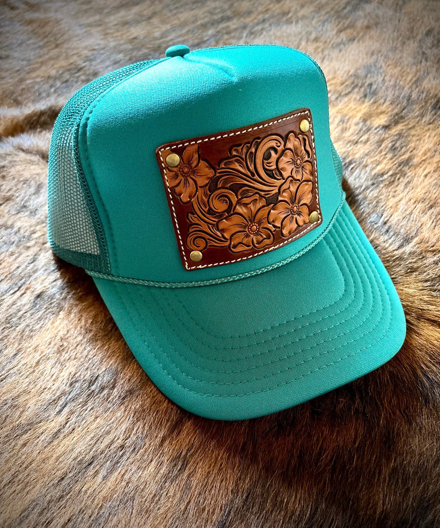 Teal Leather Tooled Trucker Cap