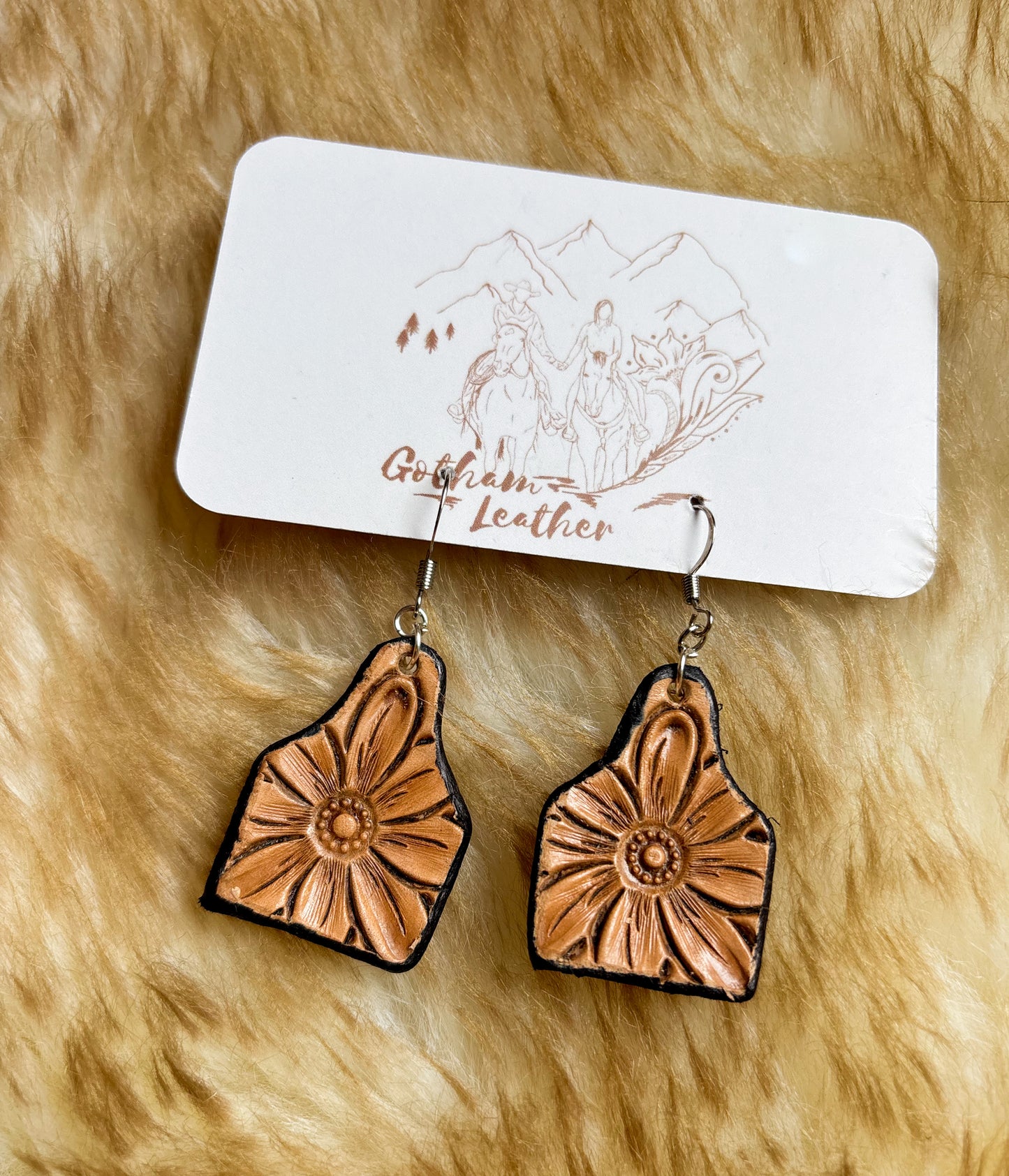 Leather Tooled Ear Tag Earrings