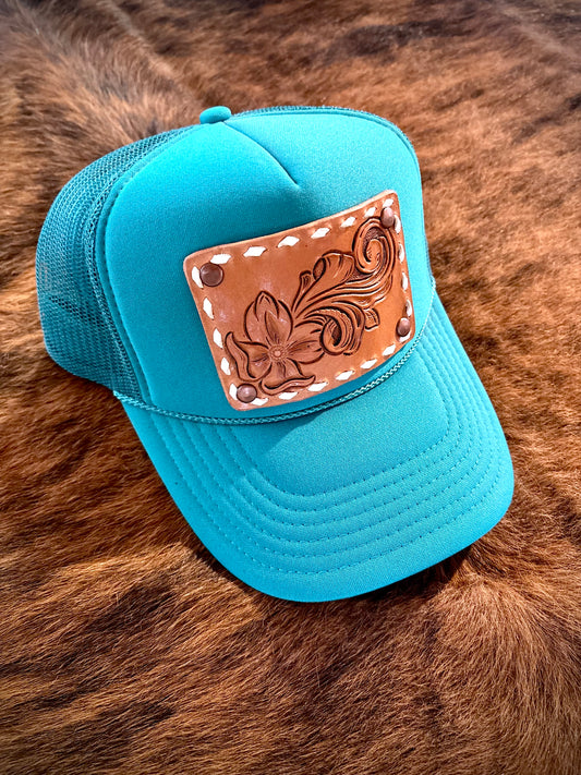 Teal Leather Tooled Trucker Cap