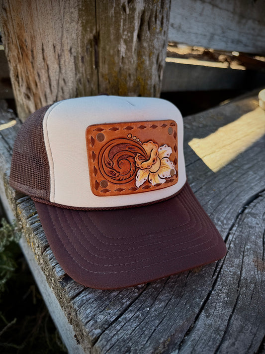Leather Tooled Trucker Hat