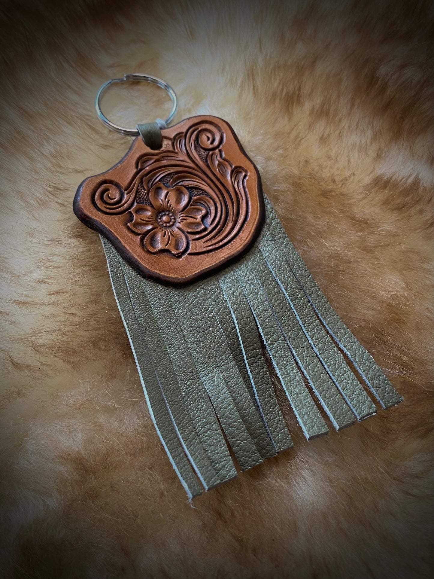 Leather Tooled Fringe Key Chain