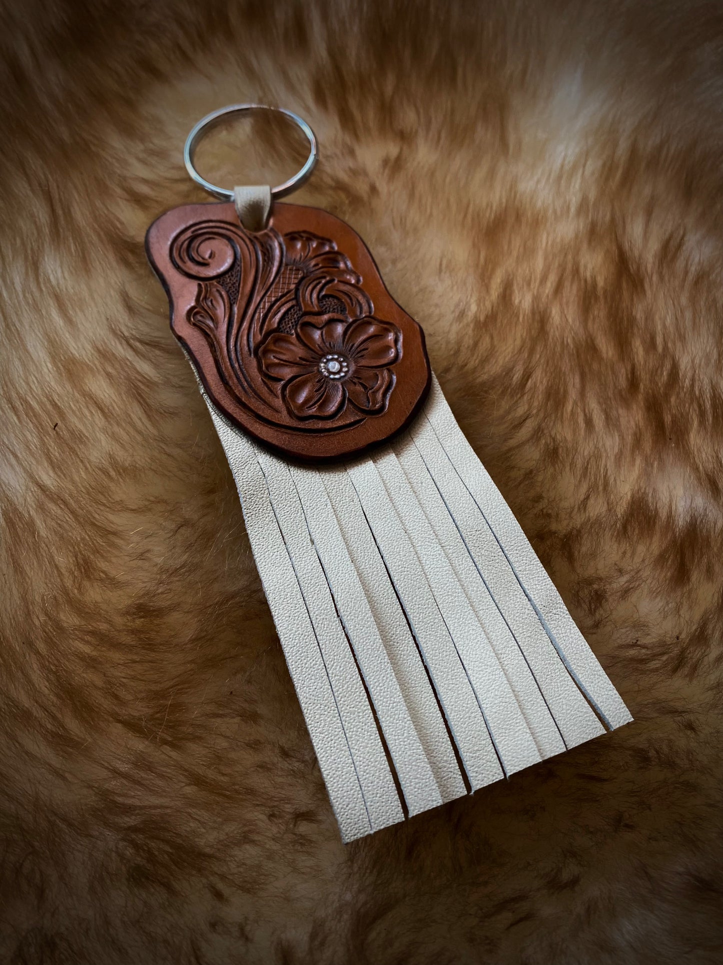 Leather Tooled Fringe Key Chain