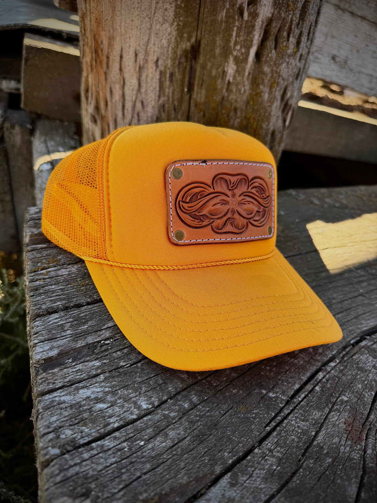 Leather Tooled Trucker Hat
