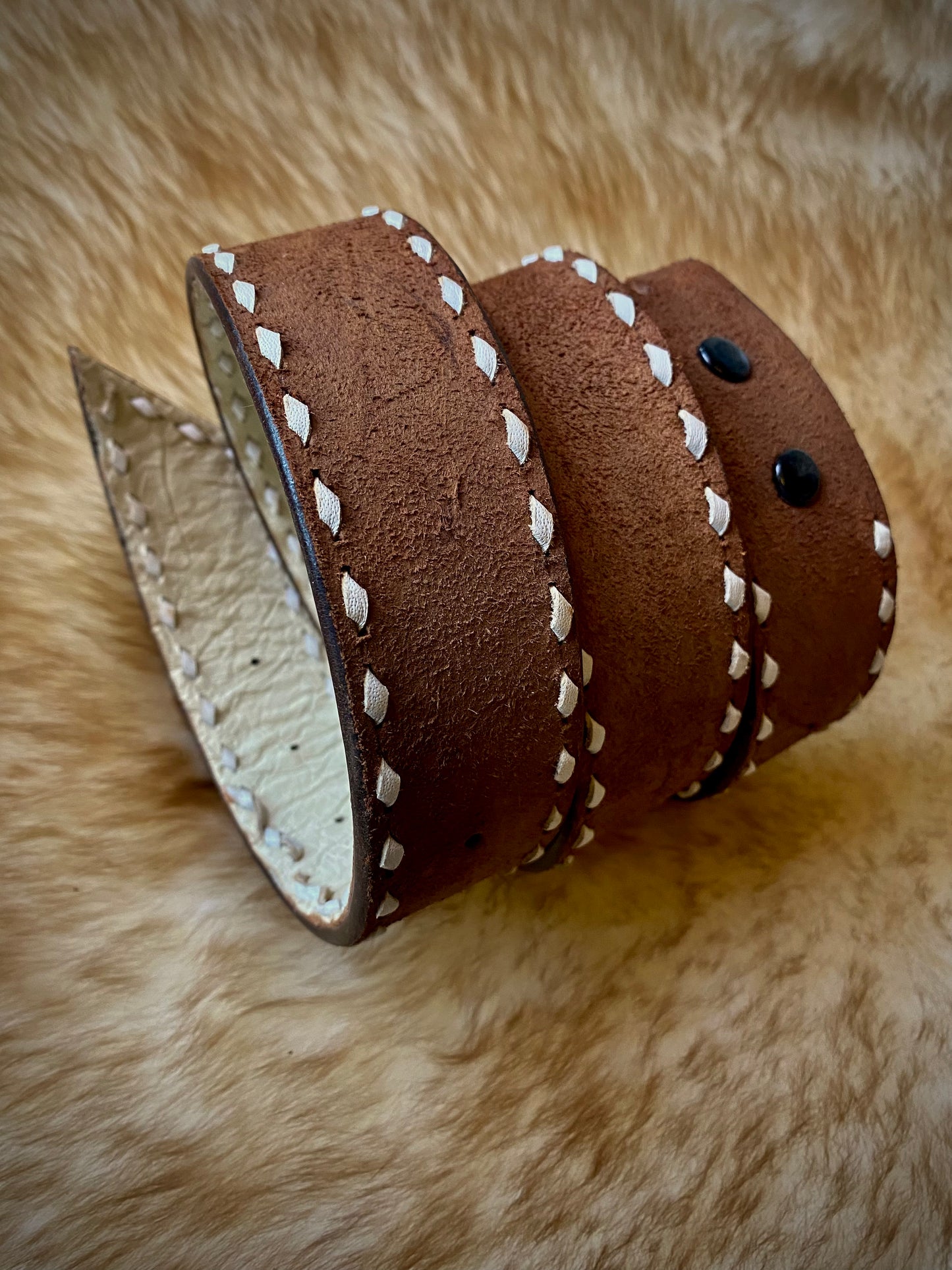 Roughout Leather Belt with White Buckstitching