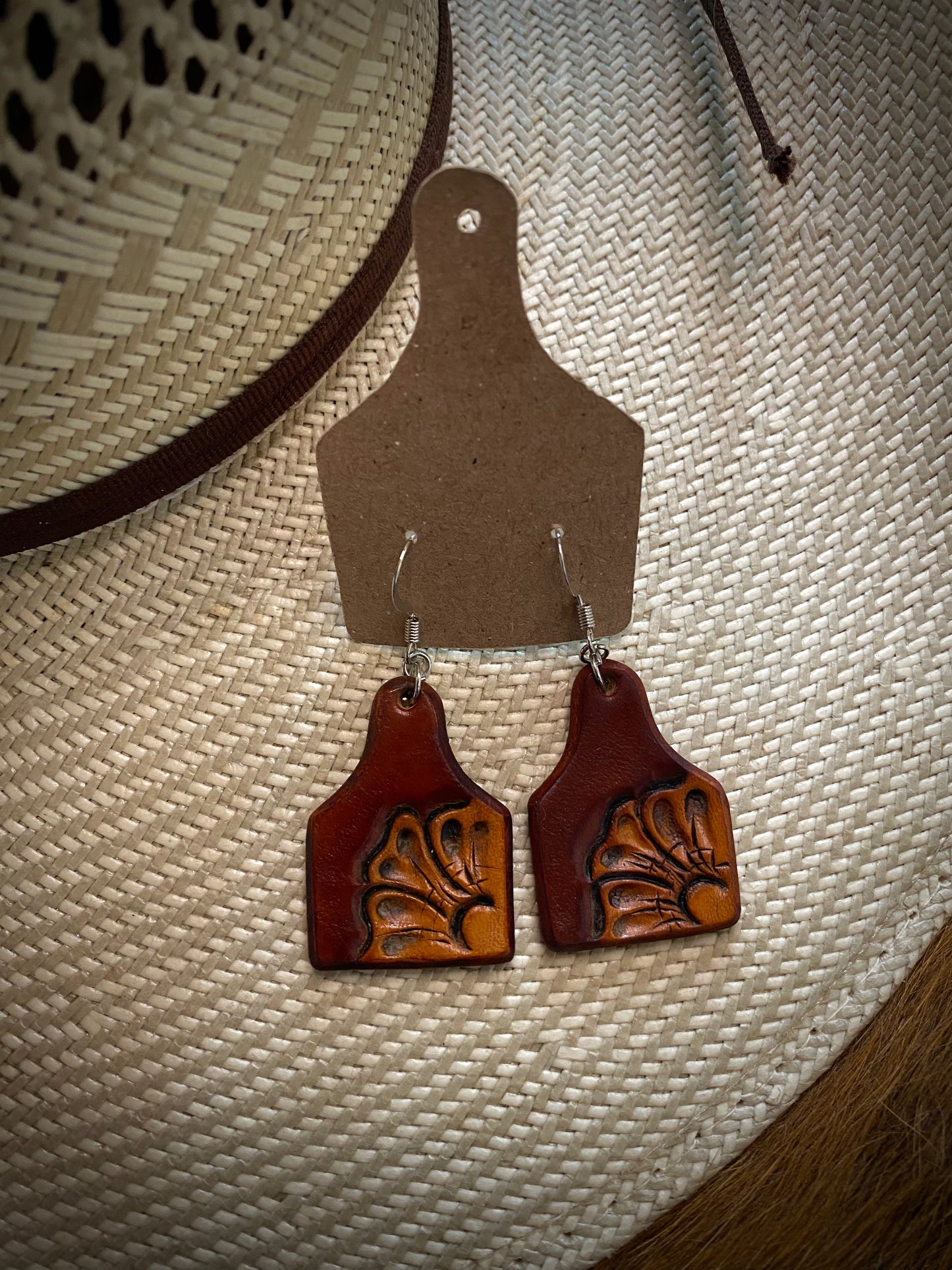 Leather Tooled Ear Tag Earring