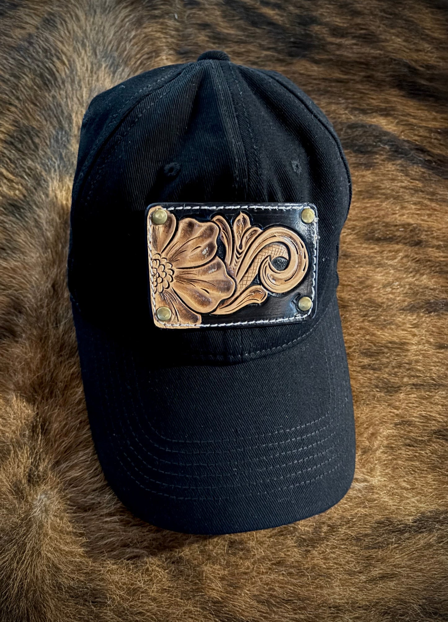 Black Leather Tooled baseball Cap