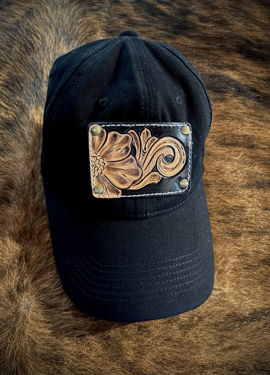 Black Leather Tooled baseball Cap