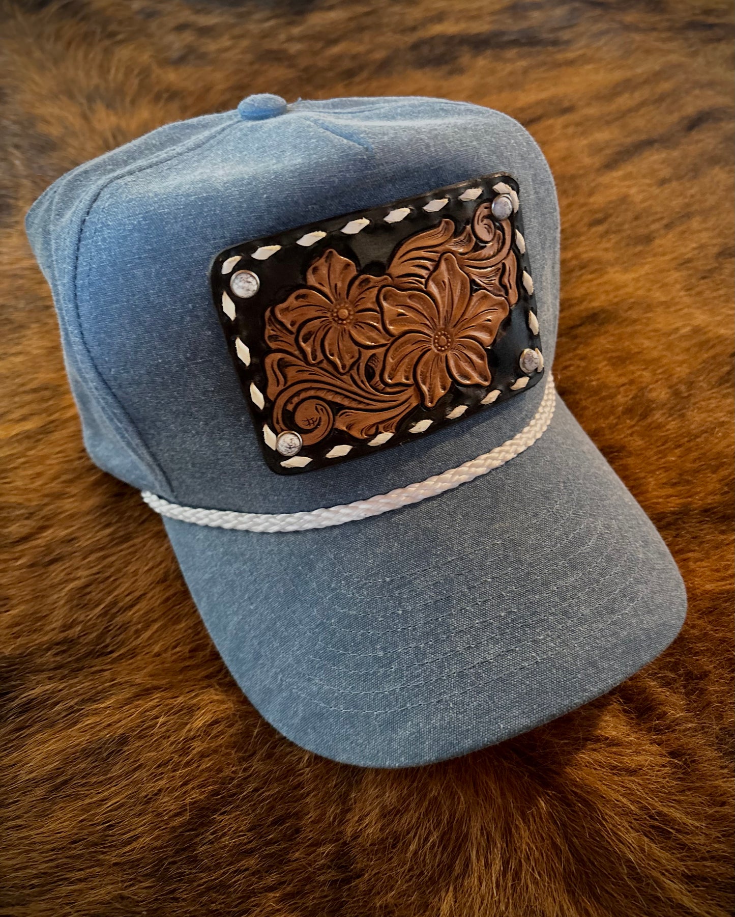 Denim Leather Tooled Trucker Cap